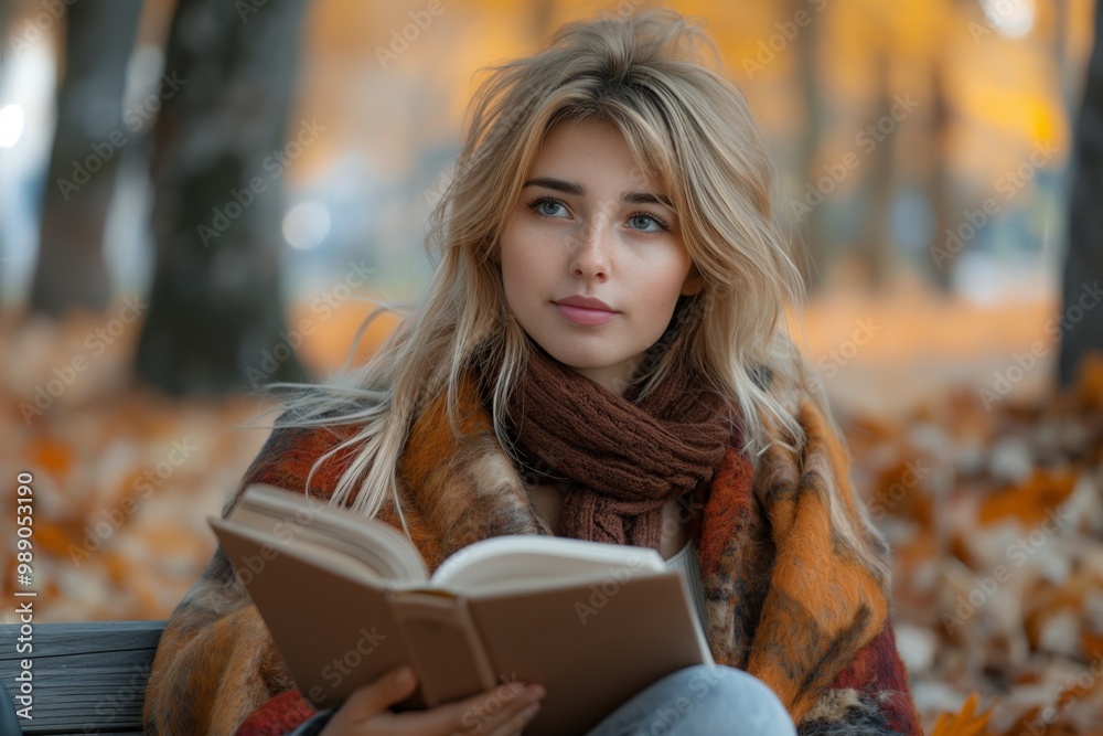Obraz premium A woman enjoys a book on a park bench amid the vibrant fall foliage, wrapped in a warm scarf and sweater.
