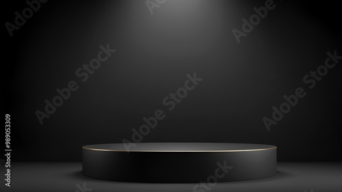 Empty black round podium with black background and spotlight