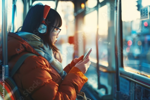 A commuter engrossed in her phone on an empty tram, dressed in a yellow jacket, creating a sense of solitude amidst the urban hustle.