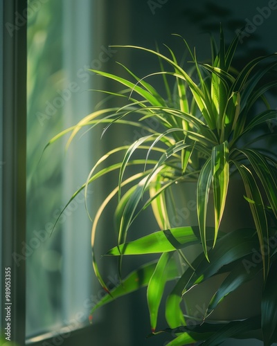 Close-Up of Spider Plant on High Shelf with Hanging Baby Plants