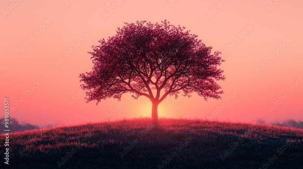 Fototapeta premium Silhouette of Lone Tree on Grassy Hill at Sunset