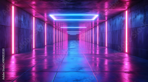 Neon Lights in a Futuristic Concrete Corridor 3D Illustration