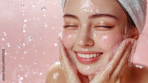 A Japanese woman wearing a white headband is washing her face with water