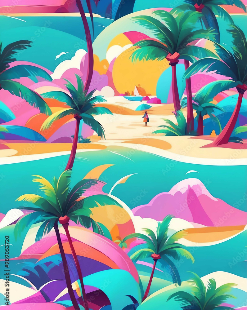 Obraz premium Coconut trees with bold beach elements seamless design wallpaper pattern