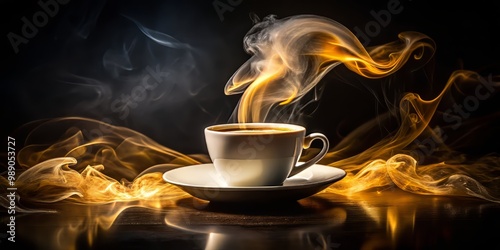 Silky white vapor swirling around dark espresso, illuminated by a warm golden light, against a contrasty black background to highlight the rich colors and velvety texture.