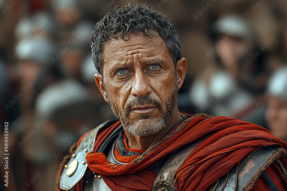 A weathered Roman soldier in red tunic and armor, with intense eyes and detailed facial features. A weathered Roman soldier in red tunic and armor, with intense eyes and detailed facial features.