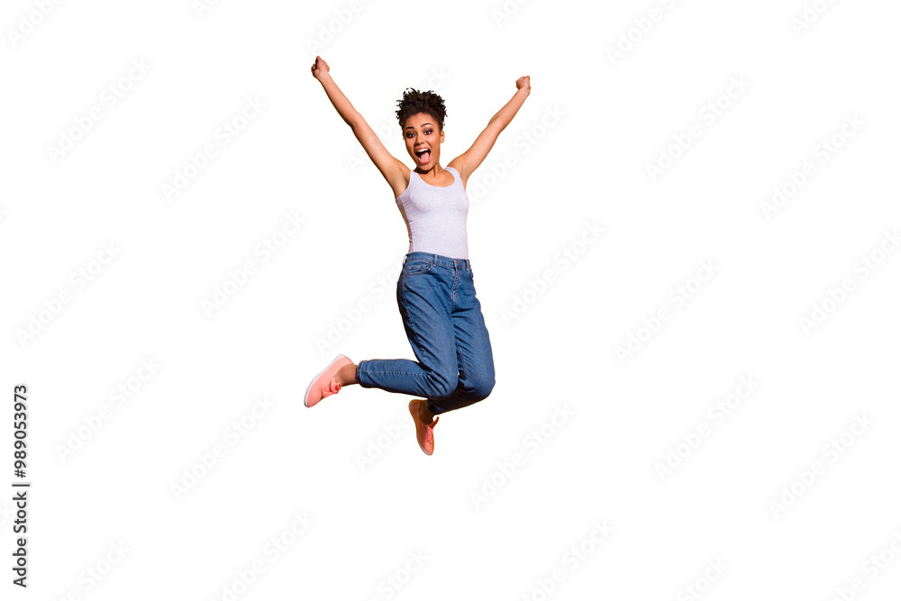 Full length body size photo funny nice beautiful she her dark skin model lady jumping high champion overjoyed yelling loud wear casual jeans denim pants trousers tank-top isolated yellow background Full length body size photo funny nice beautiful she her dark skin model lady jumping high champion overjoyed yelling loud wear casual jeans denim pants trousers tank-top isolated yellow background