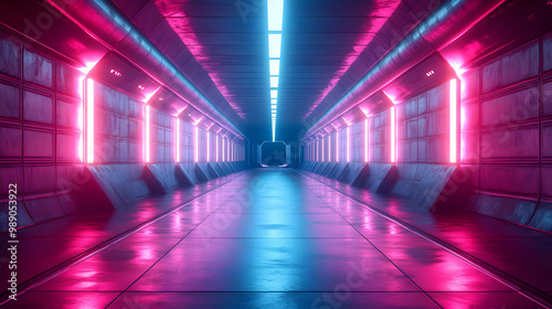 Neon Lights Futuristic Tunnel 3D Illustration