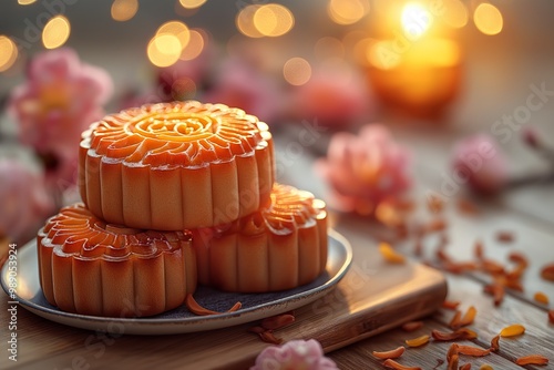 Festive mooncakes adorn a wooden plate, surrounded by warm bokeh lights and delicate blossoms. photo