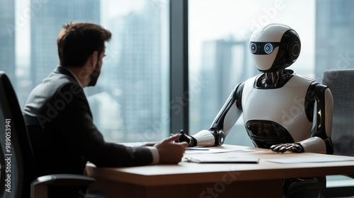 AI robot and human discussing at a business meeting table in a corporate setting, representing futuristic partnerships. No logo, clean design.