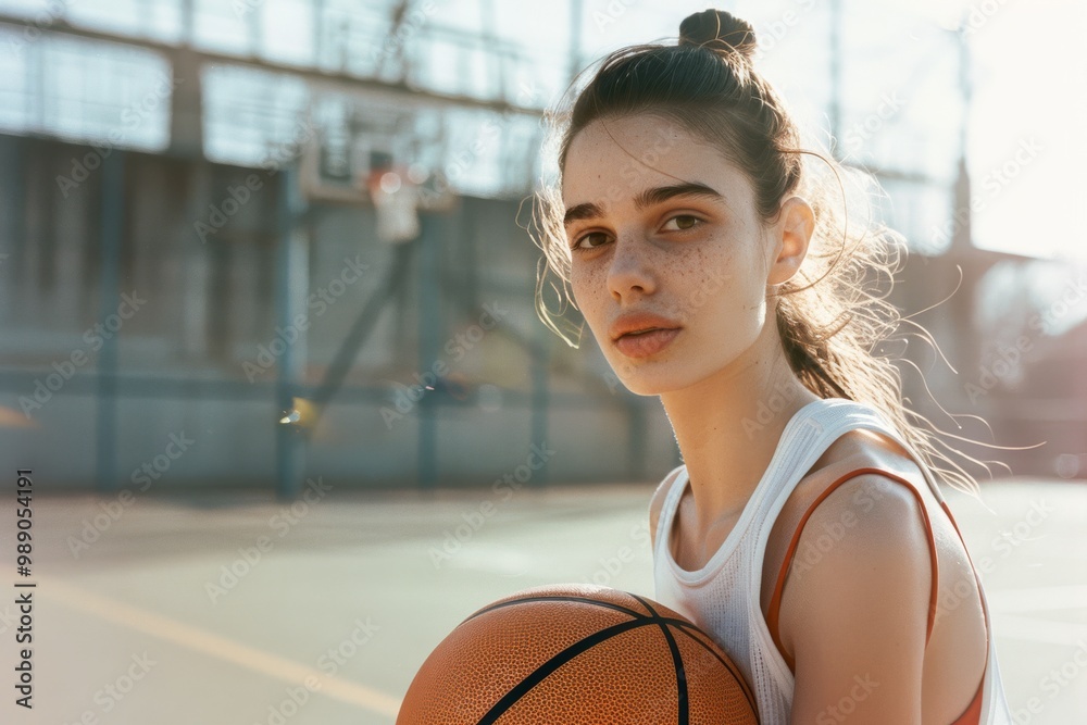 A young woman on a sunlit outdoor basketball court, holding a ball and gazing confidently at the camera with her hair gently tousled by the wind. A young woman on a sunlit outdoor basketball court, holding a ball and gazing confidently at the camera with her hair gently tousled by the wind.