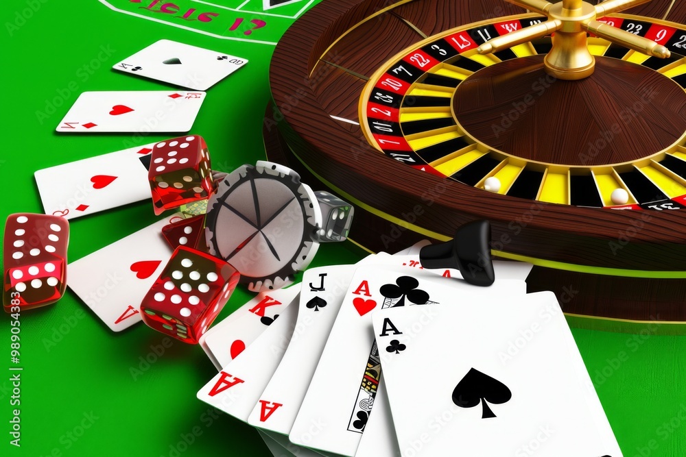 Players are immersed in the thrilling atmosphere of a casino, strategizing their bets with roulette, cards showcasing winning hands, and dice awaiting a roll on the blackjack mat.