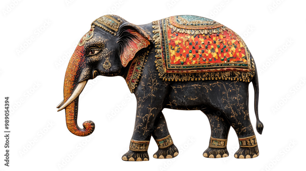 Fototapeta premium Elephant figurine on a white background, showcasing a wooden sculpture representing an iconic symbol of Indian culture