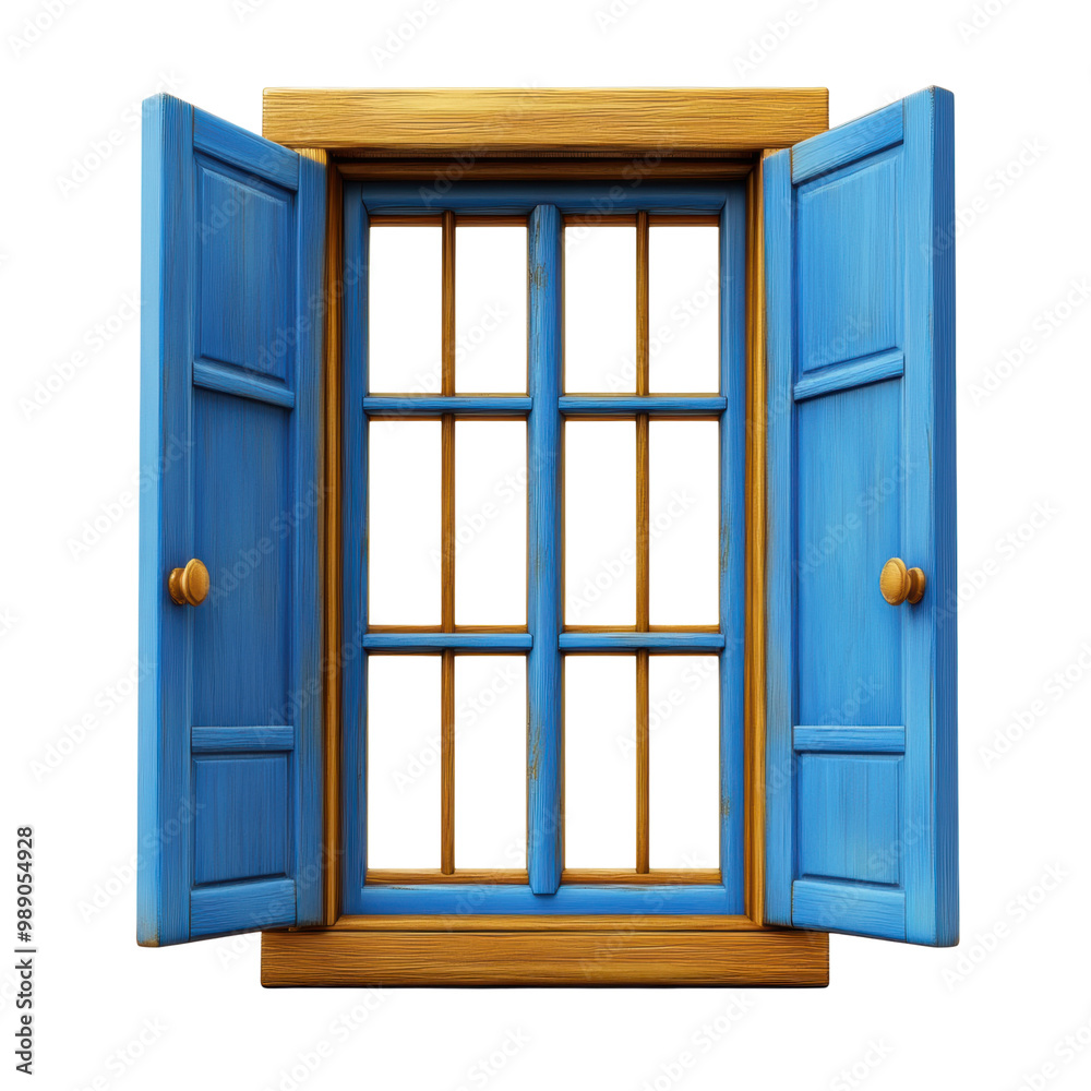 Open blue window with wooden frame, white isolated background. transparent background Open blue window with wooden frame, white isolated background. transparent background