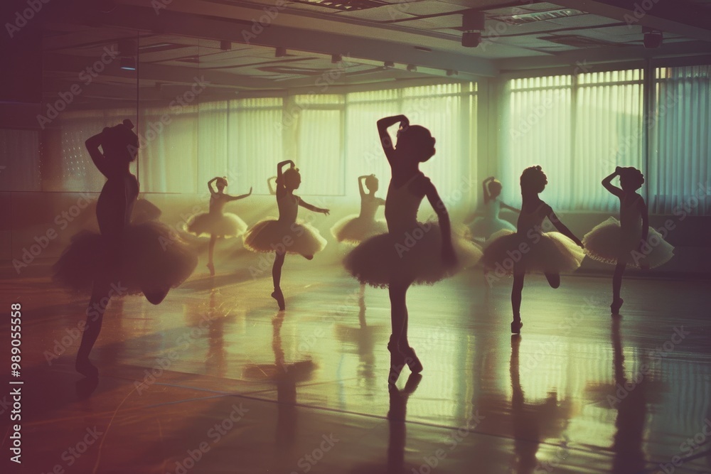 Silhouettes of ballerinas striking poses in a dance studio with rich, warm lighting creating a serene, ethereal atmosphere. Silhouettes of ballerinas striking poses in a dance studio with rich, warm lighting creating a serene, ethereal atmosphere.