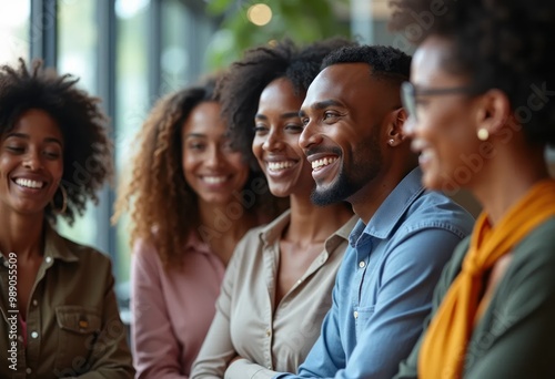 Young African American business people meeting in office smiling and forming teamwork, close up