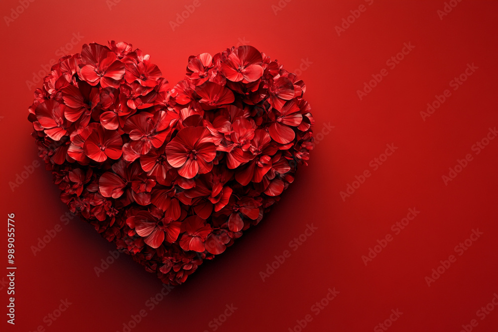 A heart made of red flowers is on a red background. The heart is surrounded by a large number of red flowers, creating a beautiful and romantic scene. A heart made of red flowers is on a red background. The heart is surrounded by a large number of red flowers, creating a beautiful and romantic scene.