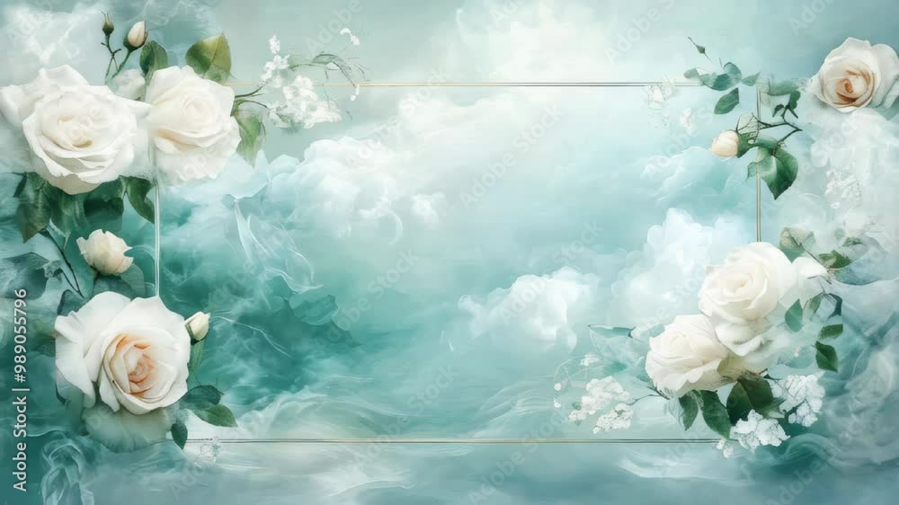 Elegant decorative frame surrounded by clouds and white roses Elegant decorative frame surrounded by clouds and white roses