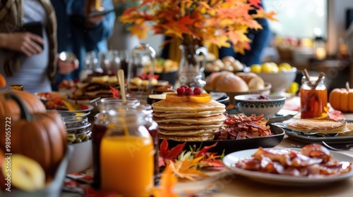 Canadian Thanksgiving Brunch Buffet Table with Pancakes, Bacon, Eggs, Fruit, Fall Accents, and Maple Syrup