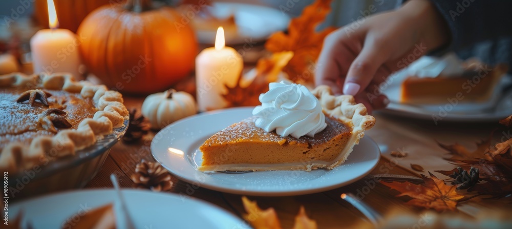 Thanksgiving Dinner Table with Freshly Baked Pumpkin Pie and Autumn Decorations Thanksgiving Dinner Table with Freshly Baked Pumpkin Pie and Autumn Decorations
