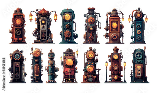 Steampunk steam complex machines cartoon vector set. pipes boilers coal cauldron furnaces geared lamplighters combustion engines chambers retro vintage fantasy mechanisms, isolated illustrations