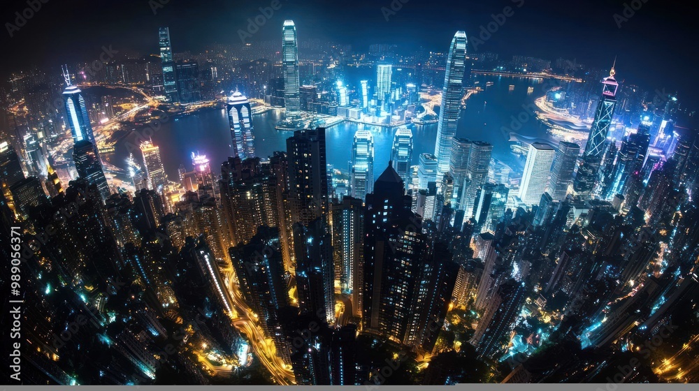 Obraz premium A vibrant city skyline illuminated at night, showcasing modern architecture and urban life.