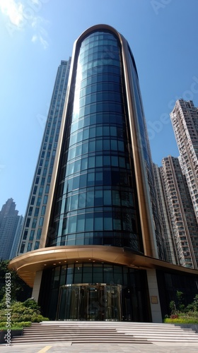 Modern Glass and Gold Office Building with Revolving Doors