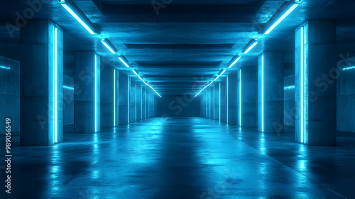 Blue Neon Lights in a Concrete Corridor - 3D Illustration