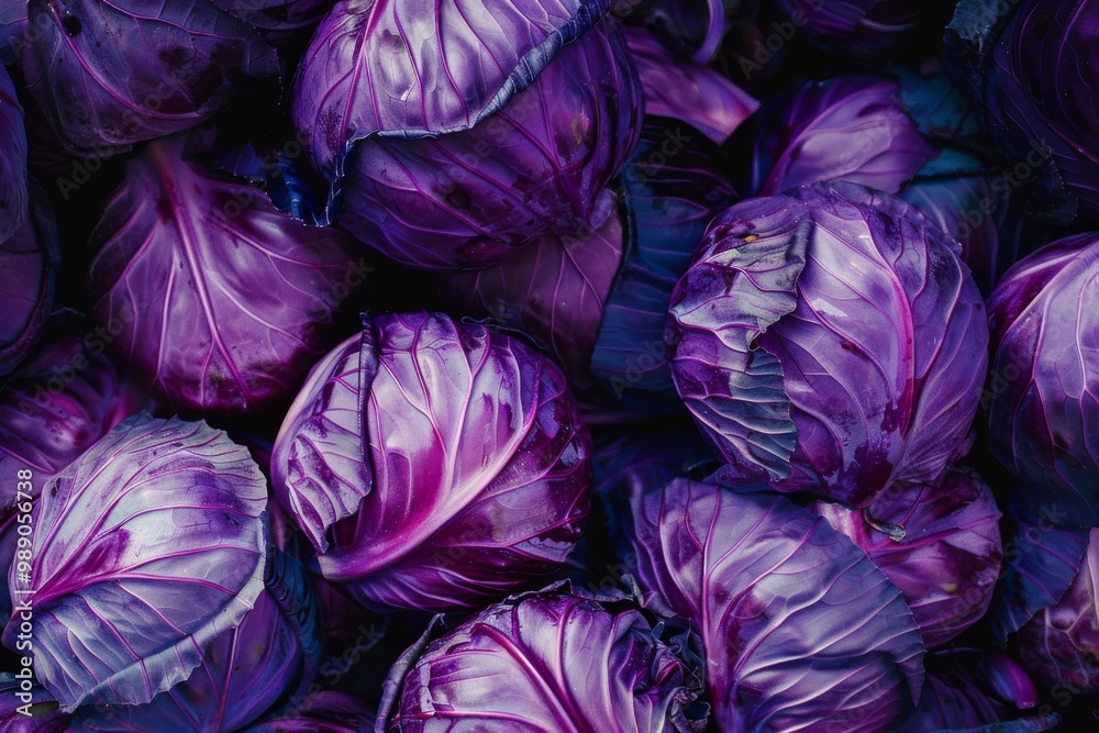 A pile of vibrant purple cabbages tightly packed together, showcasing their fresh, crisp textures and rich colors.