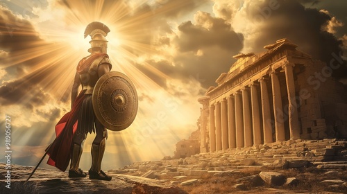 a spartan warrior stand in the sunlight