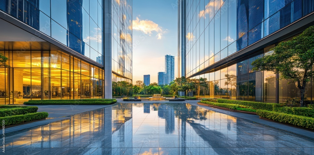 Modern Skyscrapers Reflected in Wet Pavement Modern Skyscrapers Reflected in Wet Pavement
