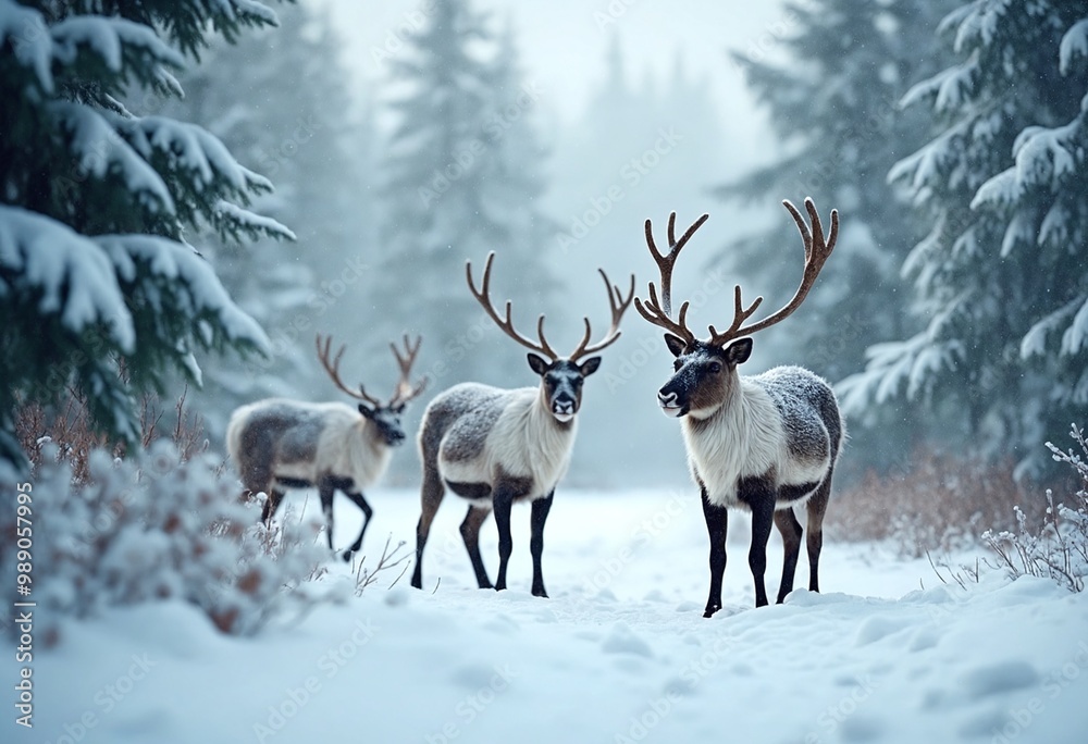 Enchanting winter panorama of reindeers amidst snow-covered fir branches and gentle snowfall, perfect for a Christmas banner backdrop Enchanting winter panorama of reindeers amidst snow-covered fir branches and gentle snowfall, perfect for a Christmas banner backdrop
