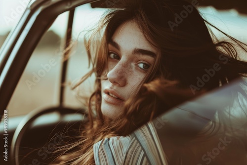 A woman with tousled hair and freckles looks back from the rear seat of a car, her expression contemplative among the soft light. photo