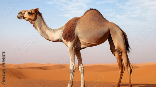 A camel walking in desert.