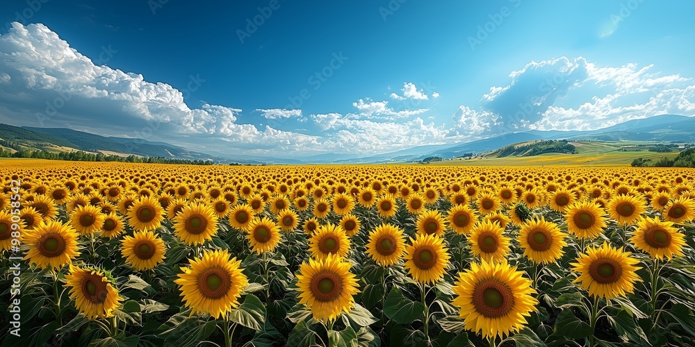 Obraz premium Vibrant Sunflower Field Under Bright Blue Sky