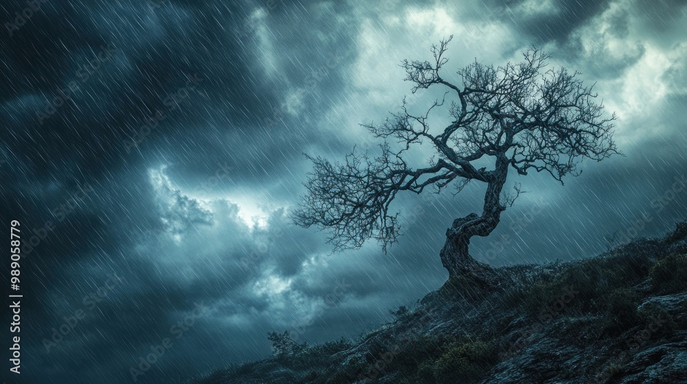 A solitary tree stands against a stormy sky, emphasizing nature's dramatic beauty. A solitary tree stands against a stormy sky, emphasizing nature's dramatic beauty.
