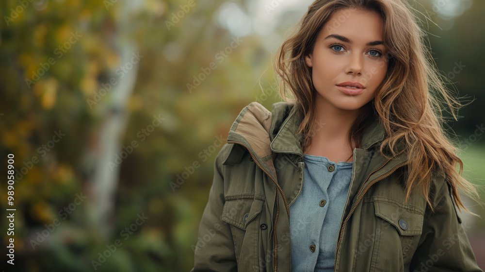 Woman in a green jacket standing outdoors in autumn with trees and foliage in the background.