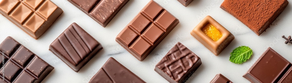 A variety of chocolate blocks infused with unique flavors like chili, mint, and orange zest, arranged on a marble surface, flavored chocolate, cocoa and spice A variety of chocolate blocks infused with unique flavors like chili, mint, and orange zest, arranged on a marble surface, flavored chocolate, cocoa and spice