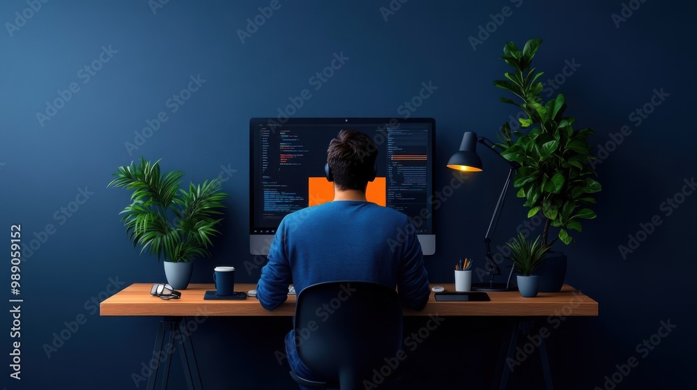 Fototapeta premium Focused Programmer Working in Modern Home Office