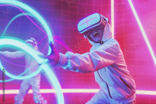 Fototapeta Naklejka Na Ścianę i Meble -  A teenager joyfully engages in a dynamic VR sport game, surrounded by vivid neon colors and futuristic elements, fully immersed in the exhilarating metaverse experience.