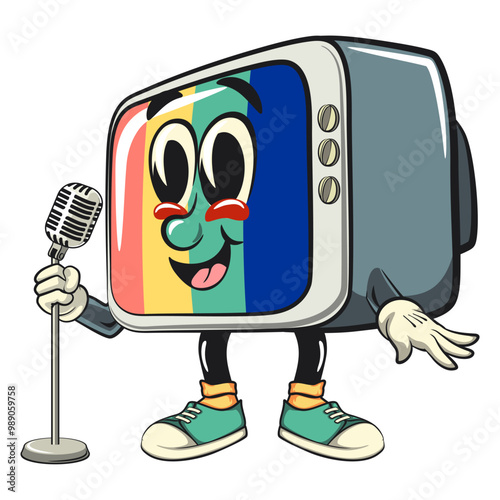vintage tv monitor cartoon character mascot retro vector design in front of the mic become a stand up comedian, work of hand drawn