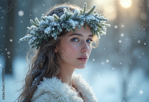 Enchanting Winter Beauty in Frosty Crown, Capturing Pagan Christmas and New Year Spirit Perfect for Festive Greetings and Banners photo