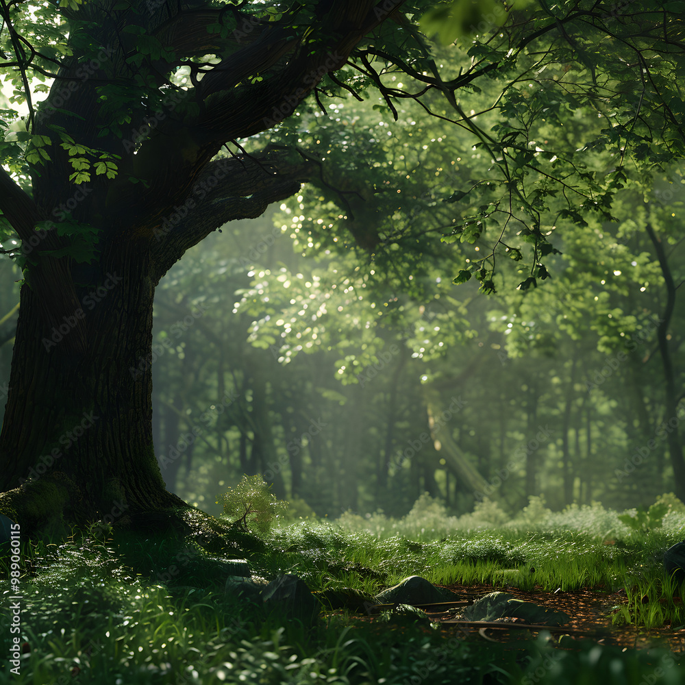 Naklejka premium Forest with Lush Green Undergrowth - Peaceful Woodland Landscape