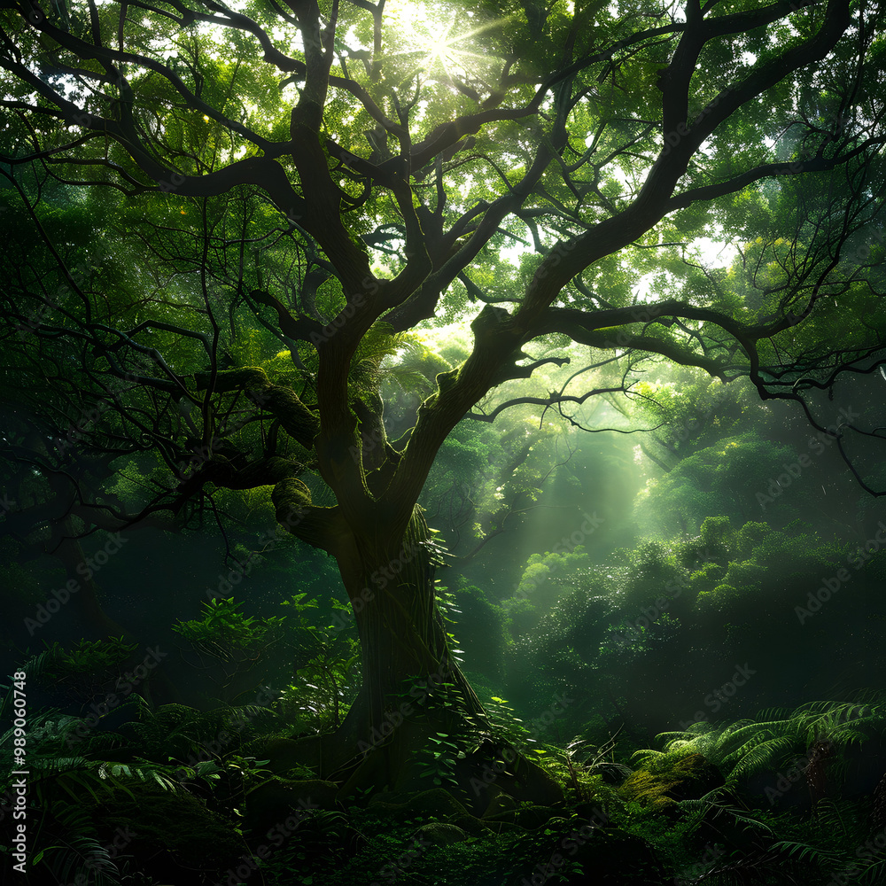 Fototapeta premium Forest with Lush Green Undergrowth - Peaceful Woodland Landscape