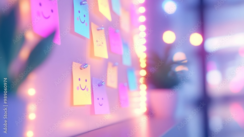 Colorful sticky notes with smiley faces on a wall. Colorful sticky notes with smiley faces on a wall.
