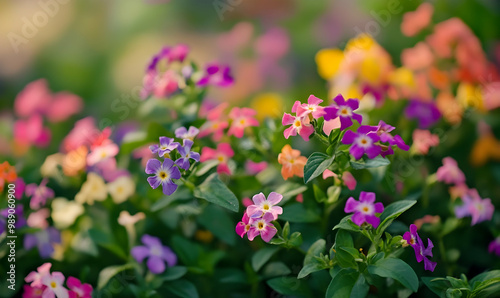 many small colored flowers with green leaves in the garden