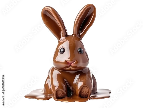 A finely crafted chocolate bunny starting to melt, creating a combination of solid and semi-liquid textures against a white background. photo