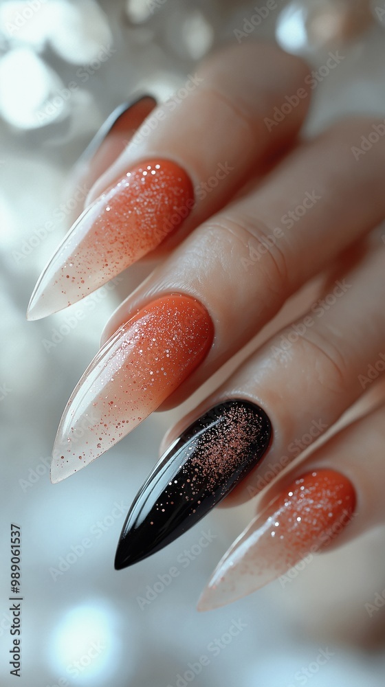 Sharp, pointed nails in gradient orange and black with glossy glitter accents and a sleek finish Sharp, pointed nails in gradient orange and black with glossy glitter accents and a sleek finish