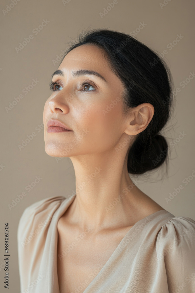 Portrait of middle-aged woman with long hair and white blouse Portrait of middle-aged woman with long hair and white blouse
