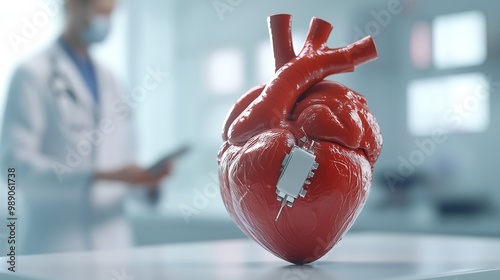 A human heart with a pacemaker attached, alongside a doctor. The image focuses on the heart, showing the pacemaker in detail, with the doctor standing nearby. photo